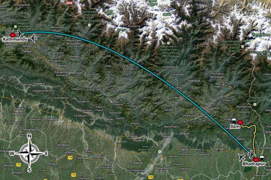 Kathmandu and Ilam Tour Trip Map