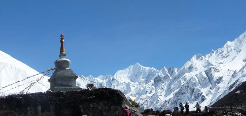 Buddhist stupa near Kyanjin gompa Sacred Gosaikunda lake