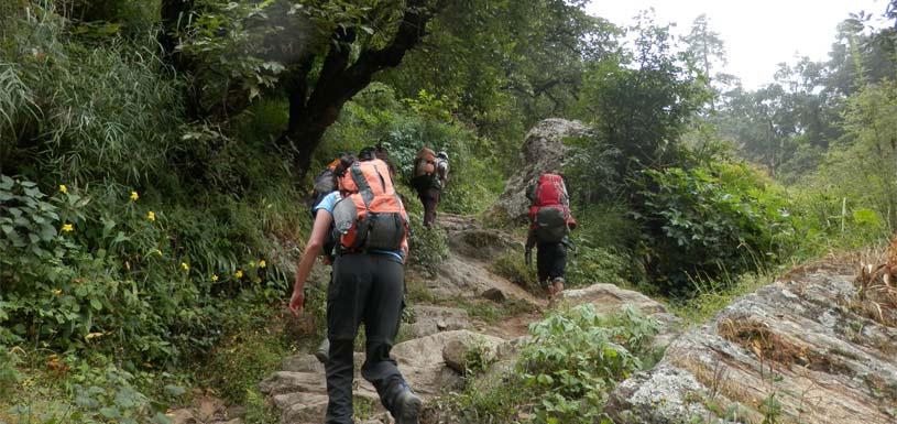 Trekking through rough himalayan trail 